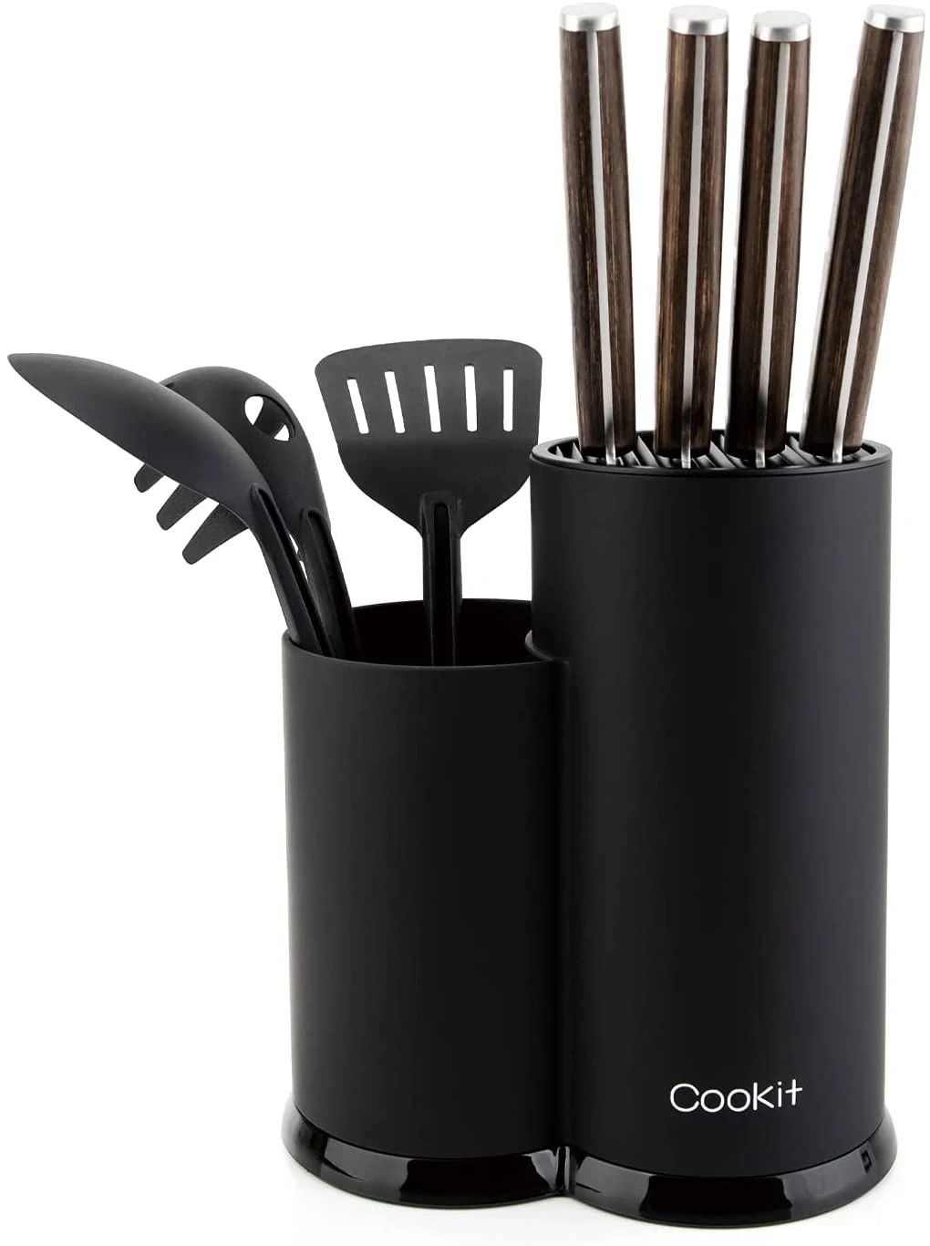 Knife Block Holder;  Cookit Universal Knife Block without Knives;  Unique Double-Layer Wavy Design;  Round Black Knife Holder for Kitchen;  Space Saver Knife Storage with Scissors Slot