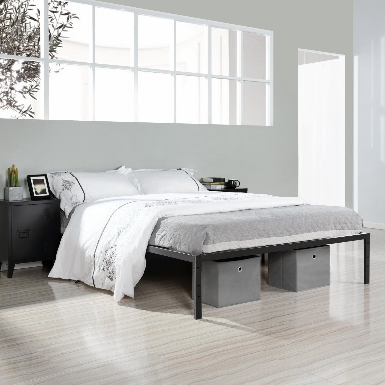 Modern Full Metal Queen Size Bed with Slat Support - NO Mattress - No Box Spring Needed