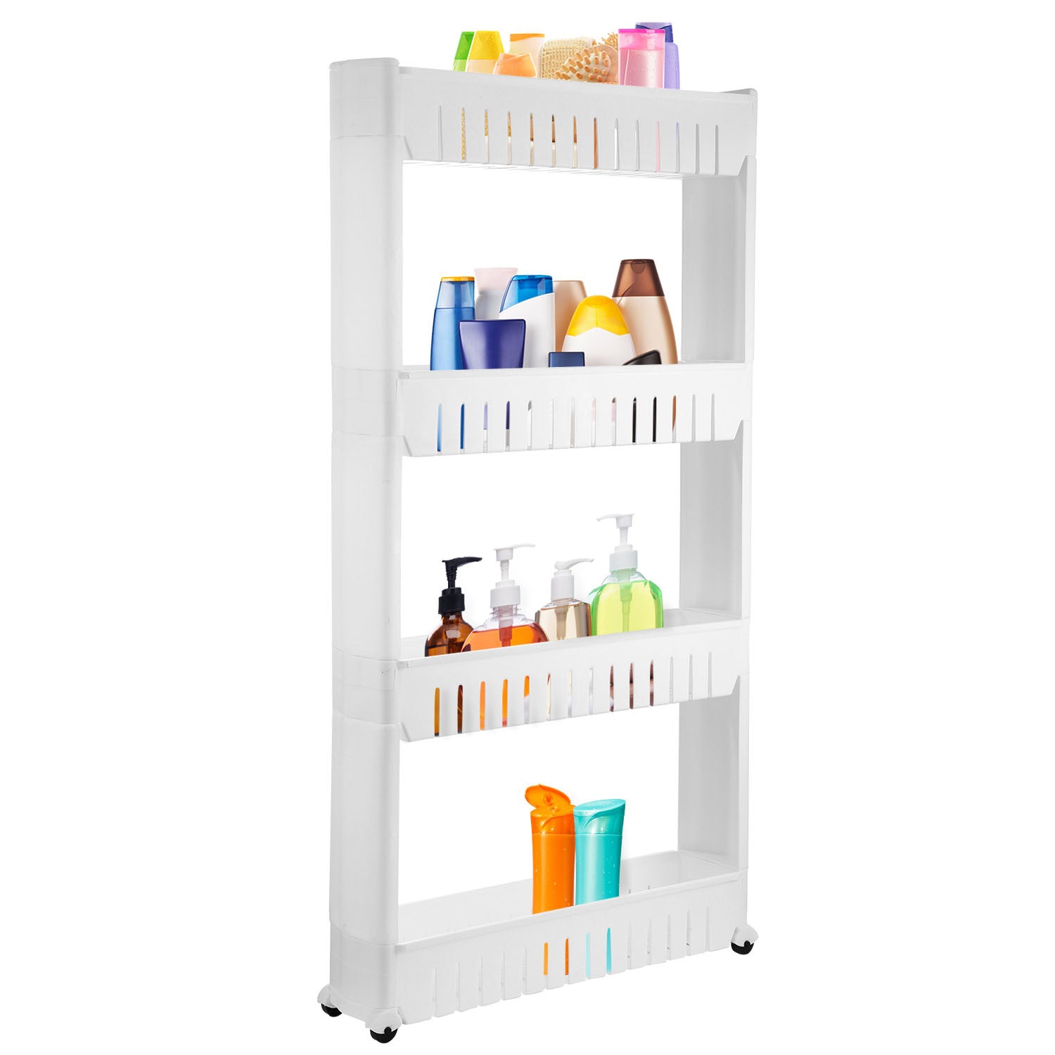 4 Tiers Slim Storage Cart Mobile Rolling Shelf Unit Narrow Space Shelf for Kitchen Bathroom Pantry Laundry Garage Office