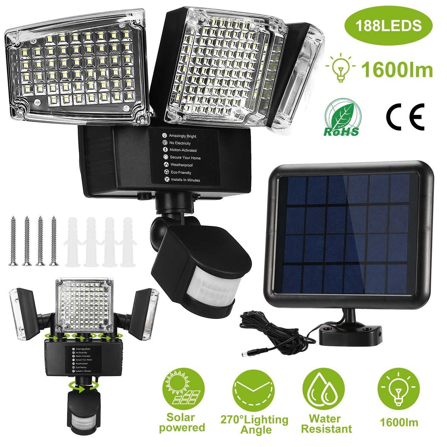 Solar Lights Outdoor 188 LEDs 1600lm Solar Security Lights Motion Sensor Lights 270°Lighting Angle Waterproof