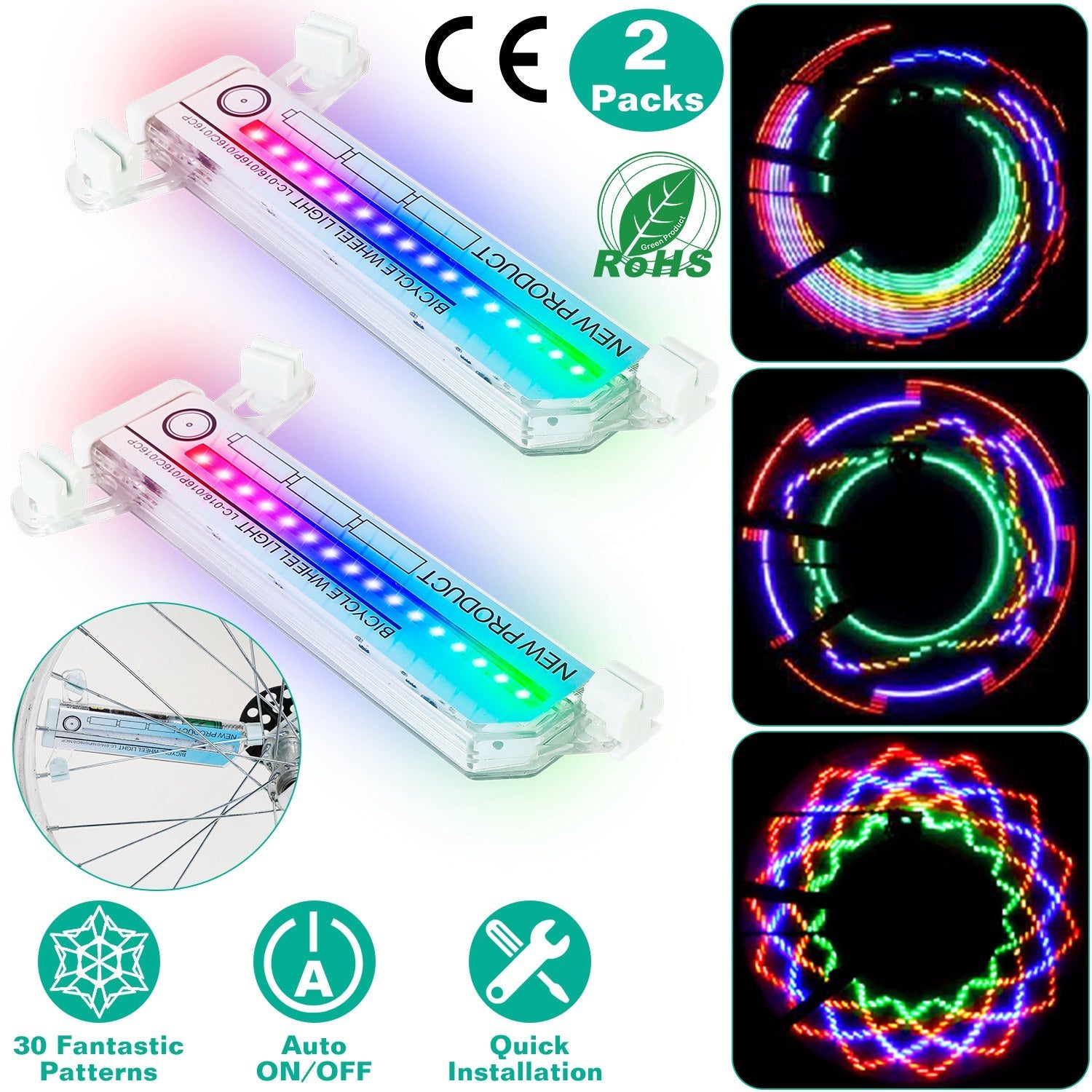 2Pcs 32LEDs Patterns Cycling Lights Rainbow Wheel Tire Flash Lamp