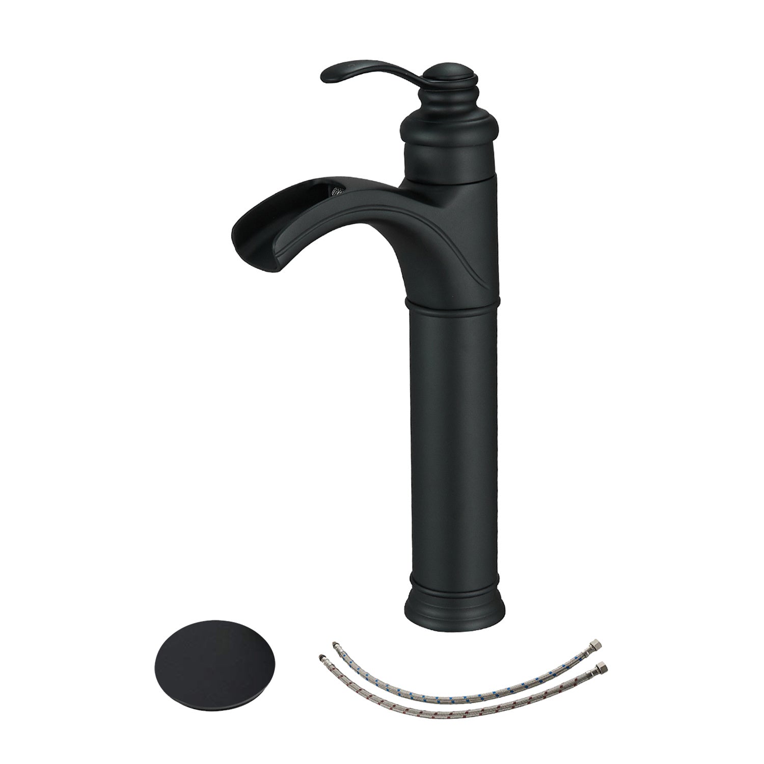 Waterfall Single Hole Single-Handle Vessel Bathroom Faucet With Pop-up Drain Assembly in Matte Black