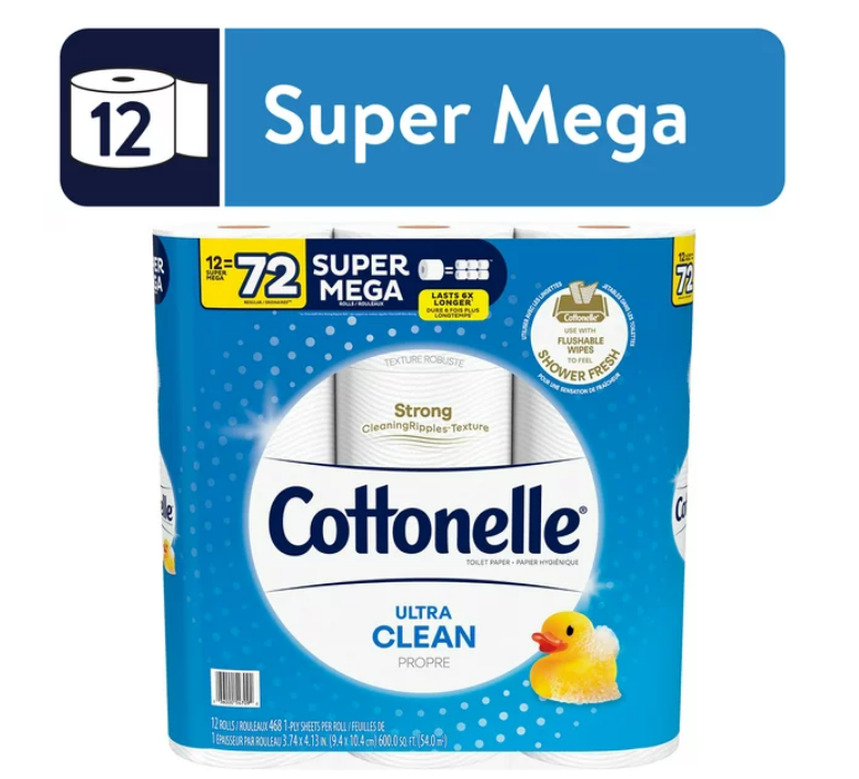 Cottonelle Ultra Clean Toilet Paper, 12 Super Mega Rolls