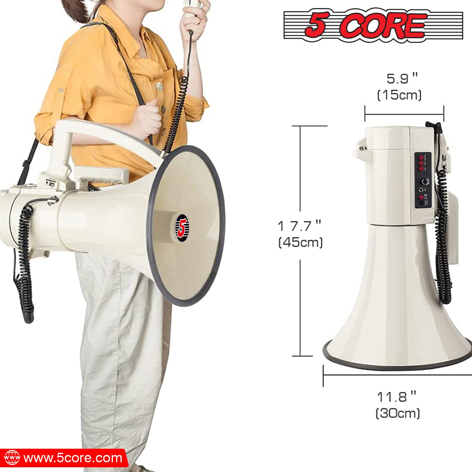 5 Core Professional Bull horn Megaphone Industrial Grade Handlebar 100W Loud Siren Noise Maker Bullhorn Speaker w Recording USB SD Card Adjustable Vol