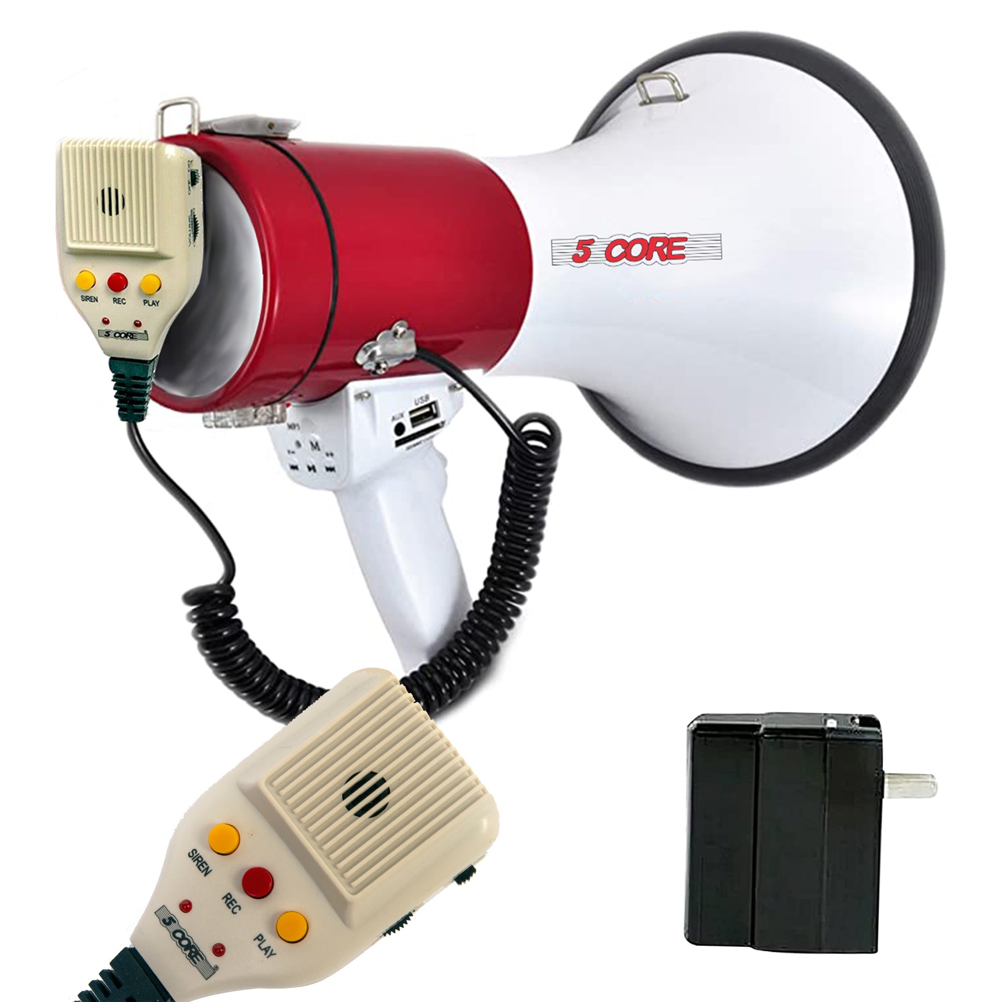 5 Core Portable Megaphone Speaker • Rechargeable 50W Bullhorn w Siren • Volume Adjustable Bull Horn • 1200 Ft Range • Record • USB AUX Input • Mega Phone for Cheerleading Coaches Safety Drill- 66SF WB
