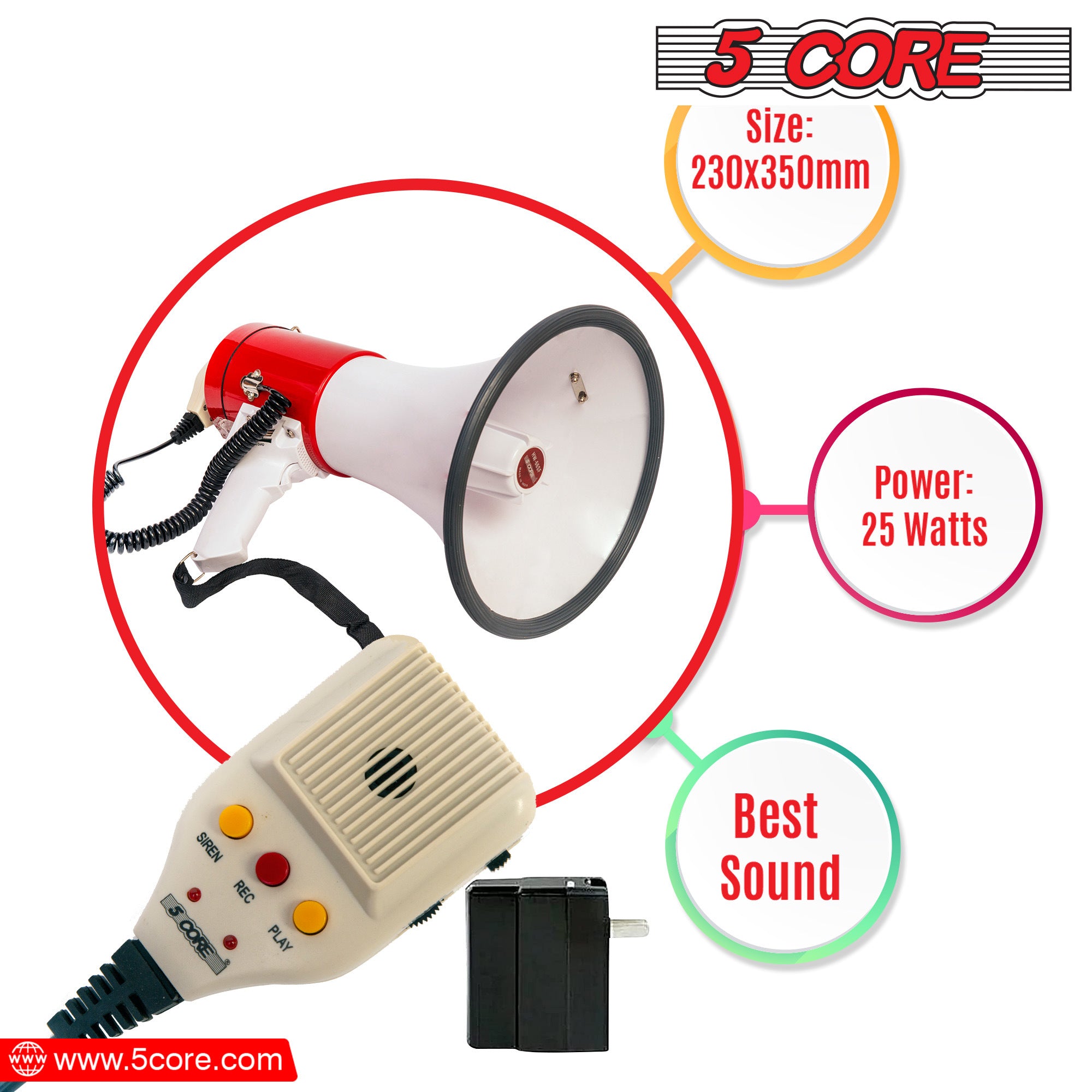 5 CORE Megaphone Bull Horn 50W Loud Siren Noise Maker Professional Bullhorn Speaker Rechargeable PA System w Recording USB SD Card Adjustable Volume f