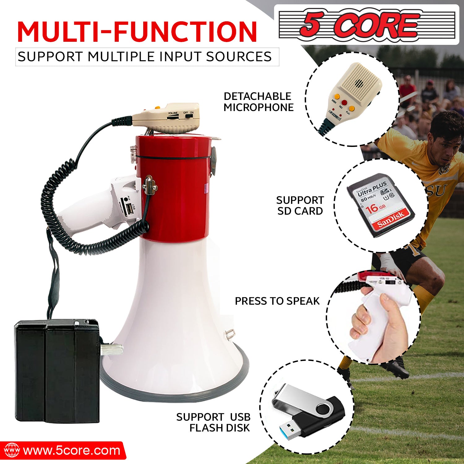 5 CORE Megaphone Bull Horn 50W Loud Siren Noise Maker Professional Bullhorn Speaker Rechargeable PA System w Recording USB SD Card Adjustable Volume f