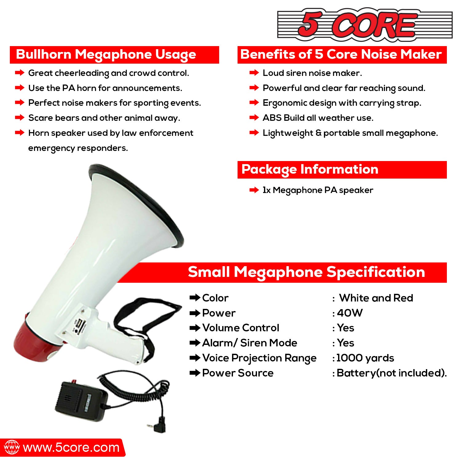 5 Core Megaphone Bull Horn 40W Peak Loud Siren Noise Maker Professional Bullhorn Speaker PA System w Handheld Mic Adjustable Volume for Coaches Sports