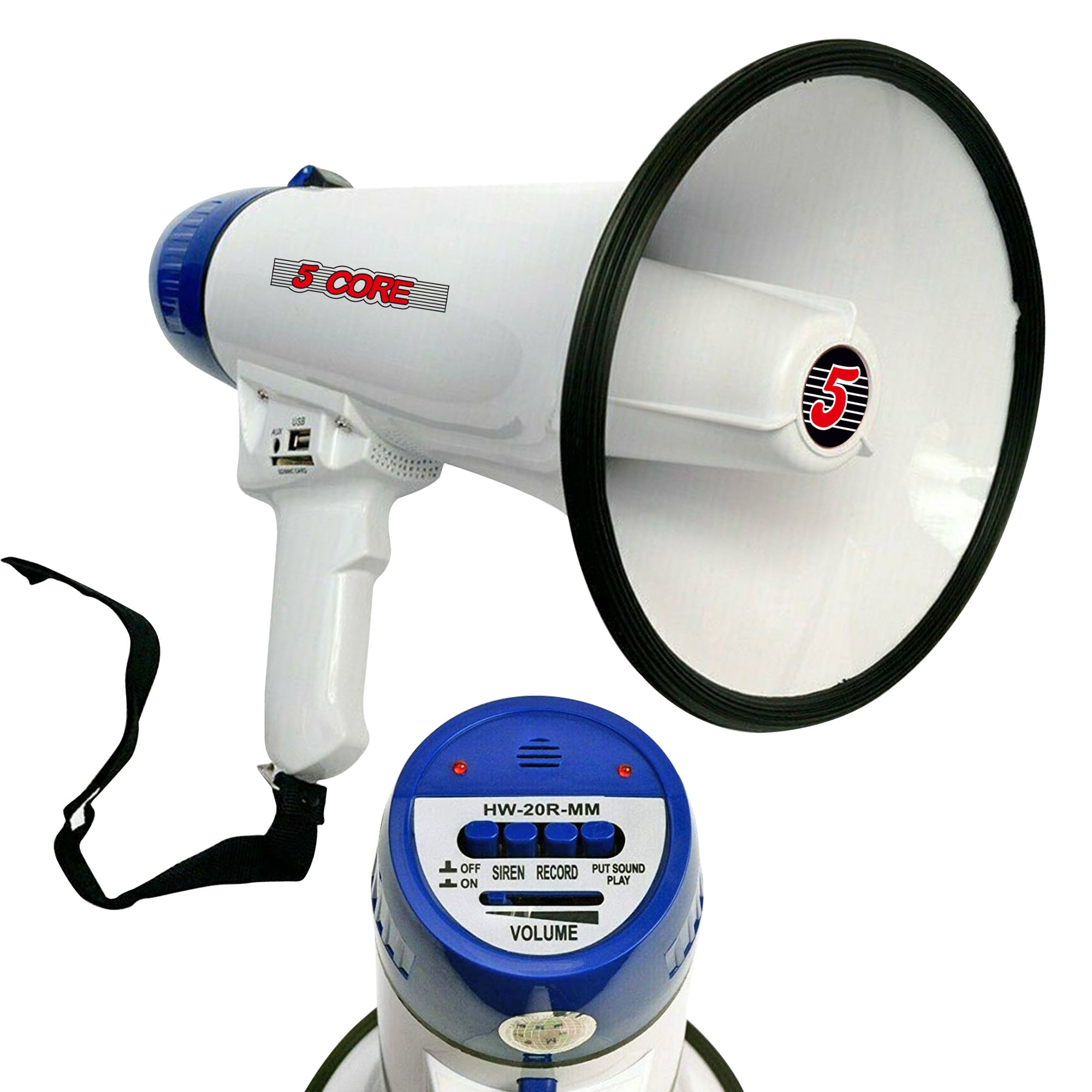 5 CORE Megaphone Bull Horn 20W 300M Range Loud Speaker Portable PA Horn w Recording Volume Control Bullhorn Siren Cheer Noise Maker for Coaches Sporti