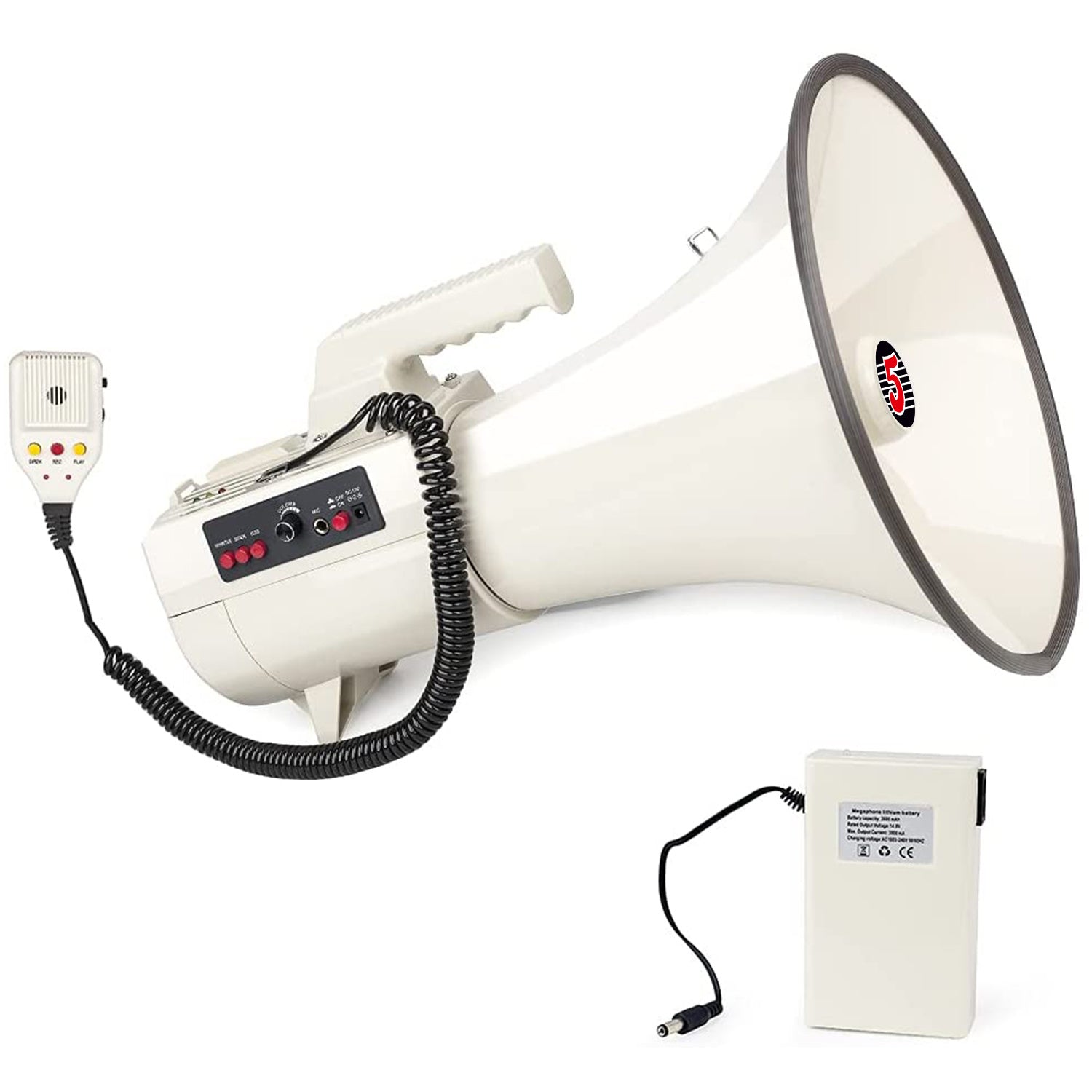 5 Core Megaphone 100W Power • Rechargeable PA Bullhorn Loudspeaker 2000 Yards Range • w Siren • Adjustable Volume • Record • USB SD MMC AUX MIC • Bull Horn for Coaching Baseball Cheerleading- 4501 USB