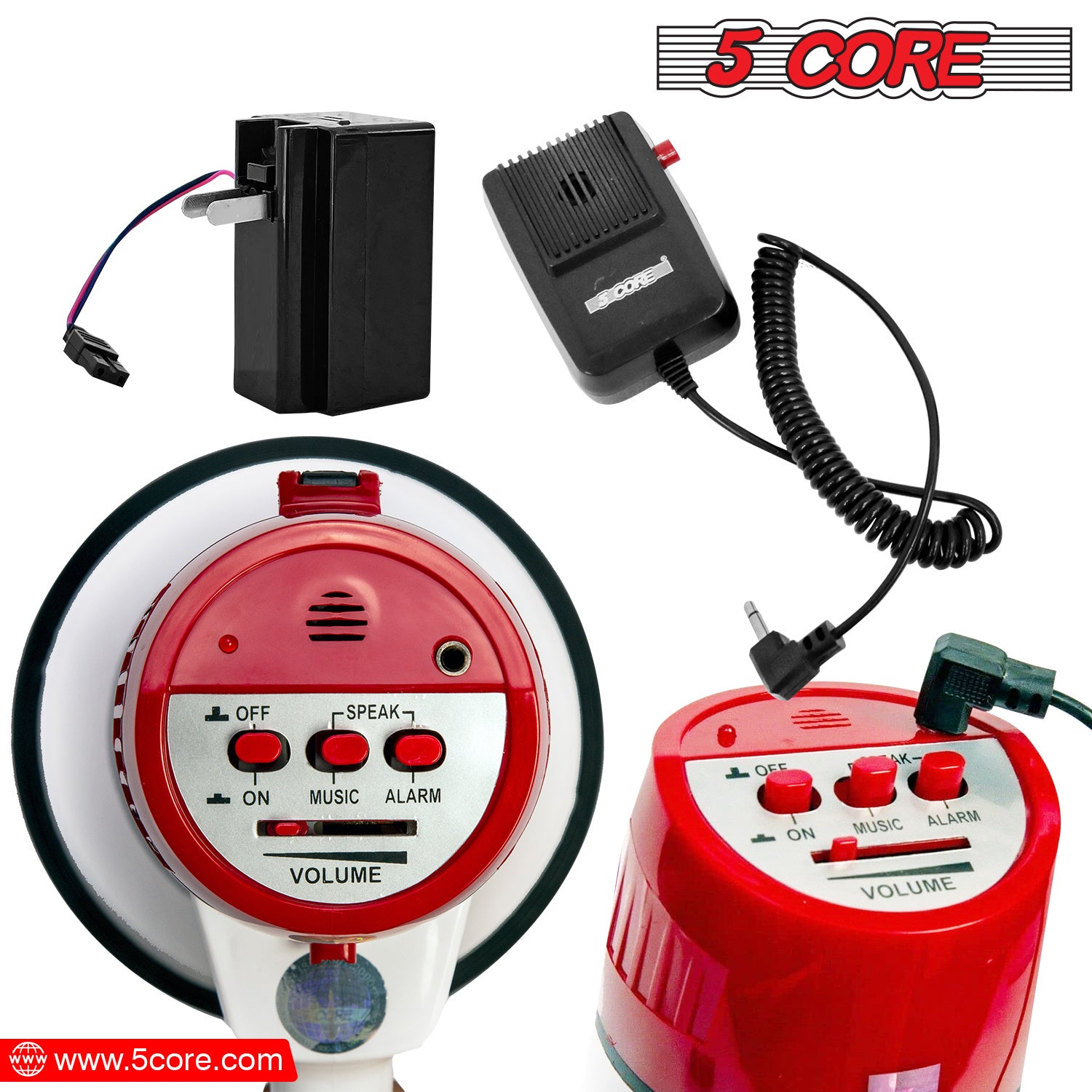 5 CORE Megaphone Bull Horn 40W Peak Loud Siren Noise Maker Rechargeable Professional Bullhorn PA Speaker System w Recording USB SD Card Adjustable Vol