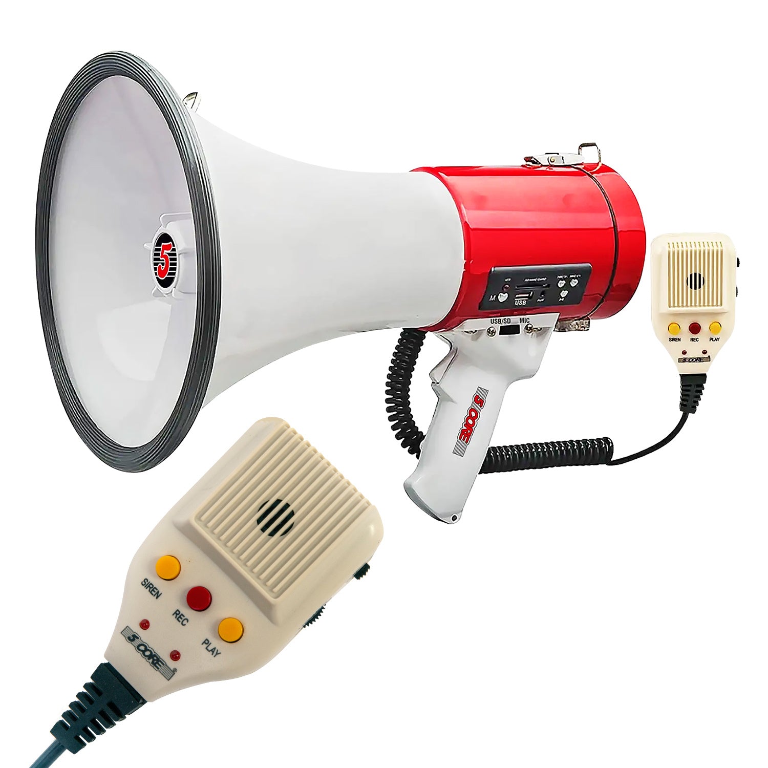 5 Core Portable Megaphone Speaker • Battery Power 50W Bullhorn w Siren • Volume Adjustable Bull Horn • 1200 Ft Range • Record • USB AUX Input • Mega Phone for Cheerleading Coaches Safety Drill- 66SF