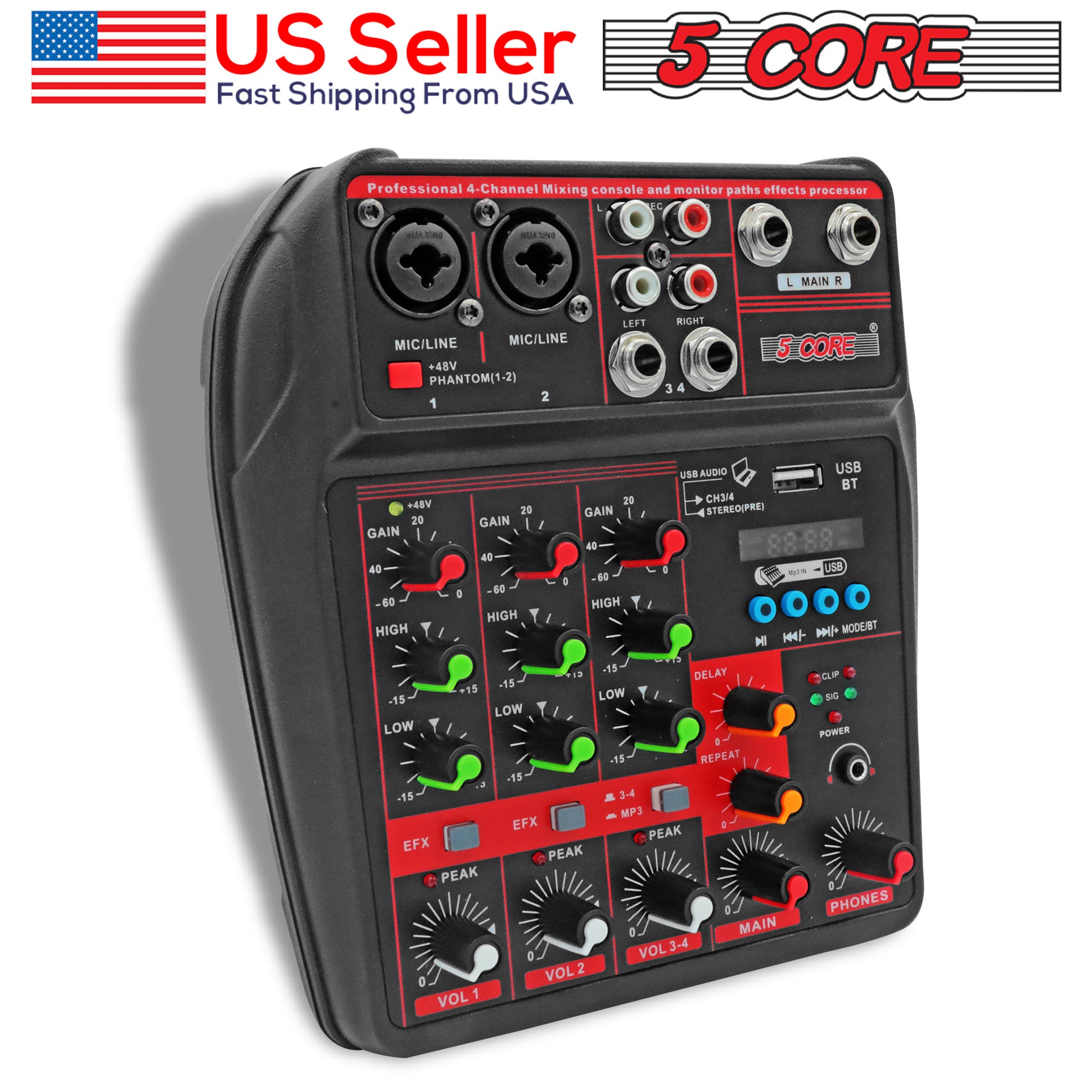 5 Core Audio Mixer Dj Mixer 4 Channel Sound Board w Built-in Effects & Usb Interface Bluetooth Karaoke Podcast Music Mixer MX 4CH