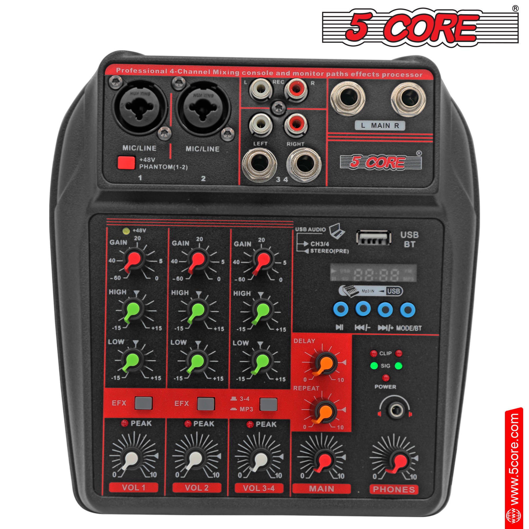 5 Core 4 Channel Compact Studio Mixer with Built-In Effects & USB Interface Bluetooth- Digital Mixer for Home Studio Recording, Podcast DJs and more MX 4CH