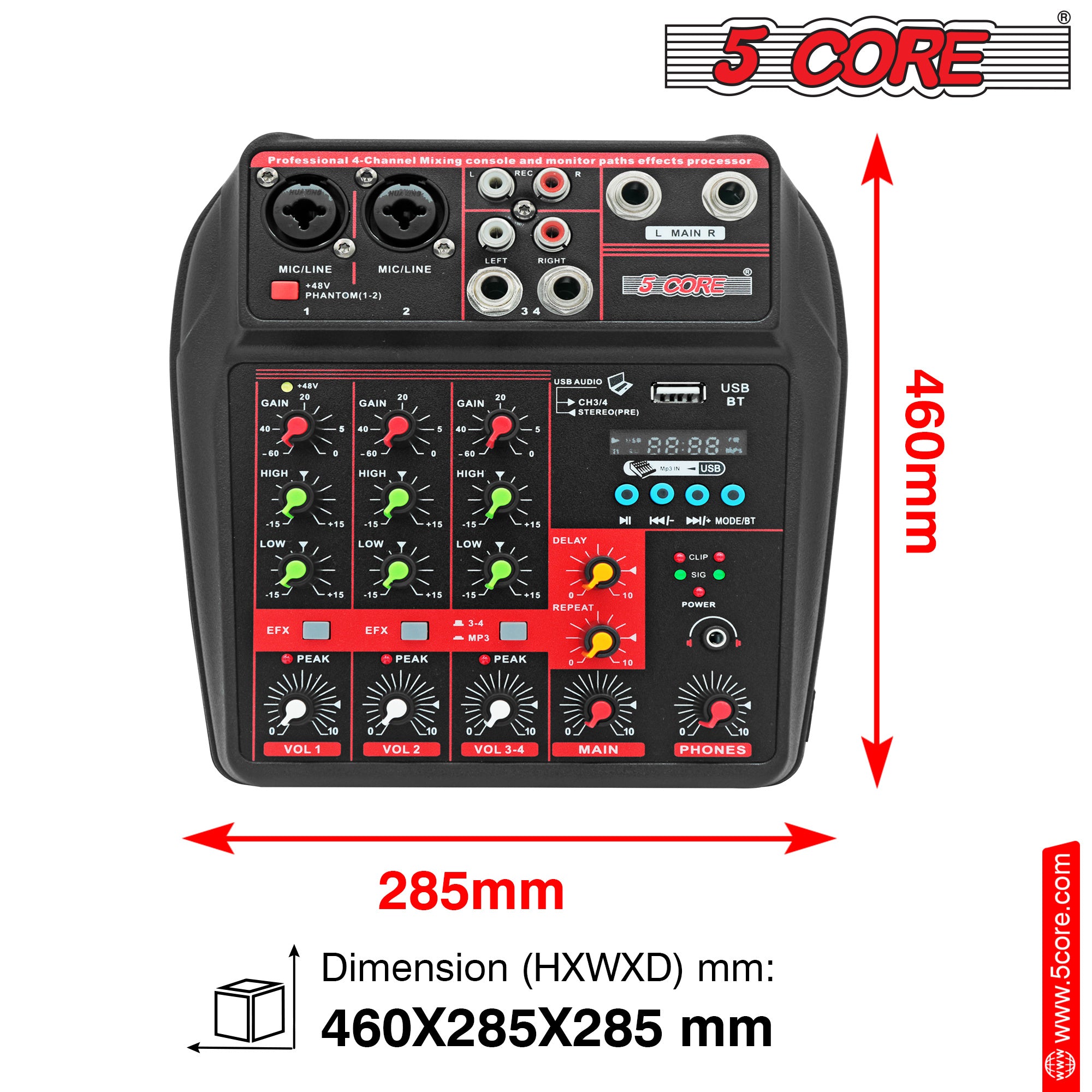 5 Core Audio Mixer Dj Mixer 4 Channel Sound Board w Built-in Effects & Usb Interface Bluetooth Karaoke Podcast Music Mixer MX 4CH