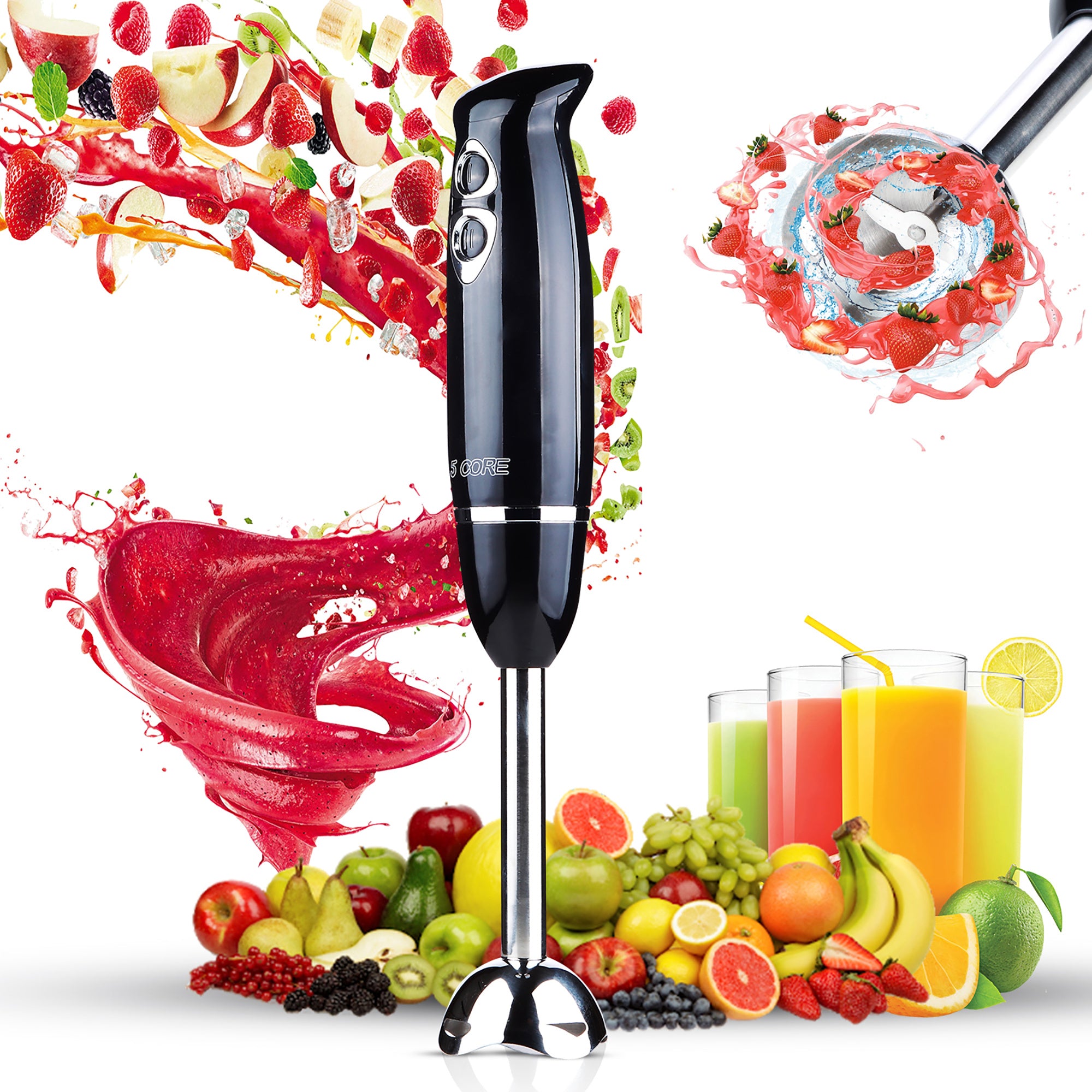 5 Core Handheld Blender, Electric Hand Blender 8-Speed 500W, Immersion Hand Held Blender Stick with Food Grade Stainless Steel Blades for Perfect Smoothies, Puree Baby Food & Soup - HB 1510 BLK/RED