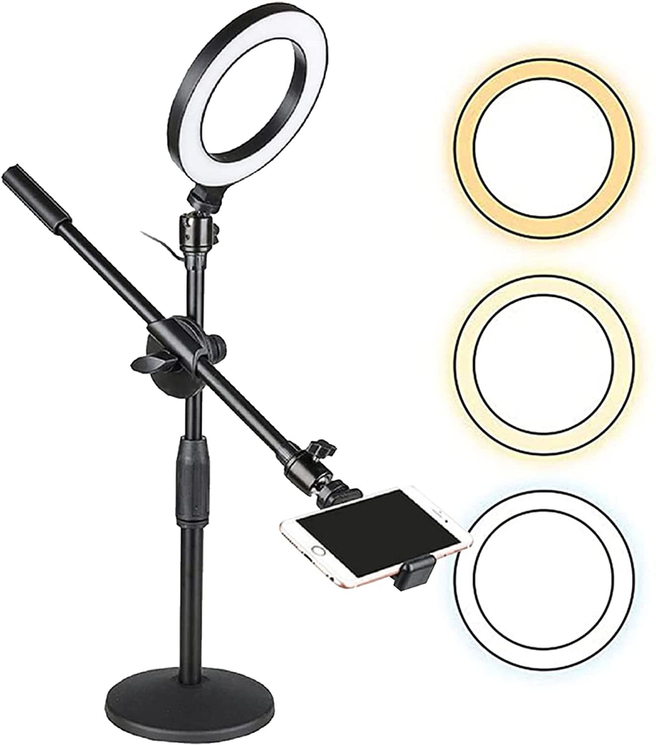 6'' Ring Light Overhead Phone Mount LED Circle Lights 360° Adjustable Shooting Arm Dimmable for Video Recording, Live Streaming, YouTube, Makeup, Instagram, TIK Tok 5Core Ring Mob ST