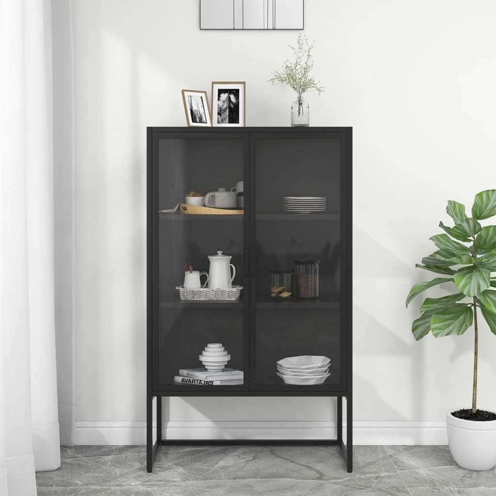 Highboard Black 31.5"x13.8"x53.1" Steel and Tempered Glass