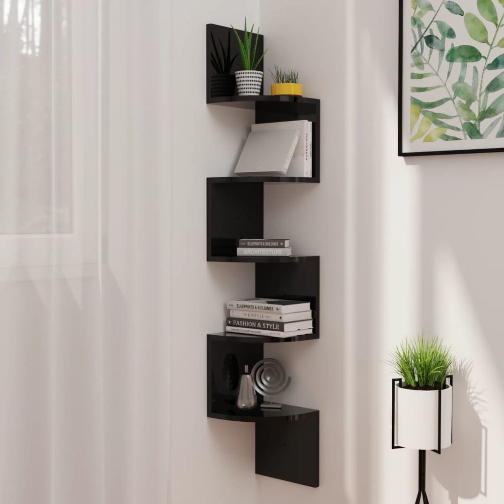 Wall Corner Shelf High Gloss Black 7.5"x7.5"x48.4" Engineered Wood