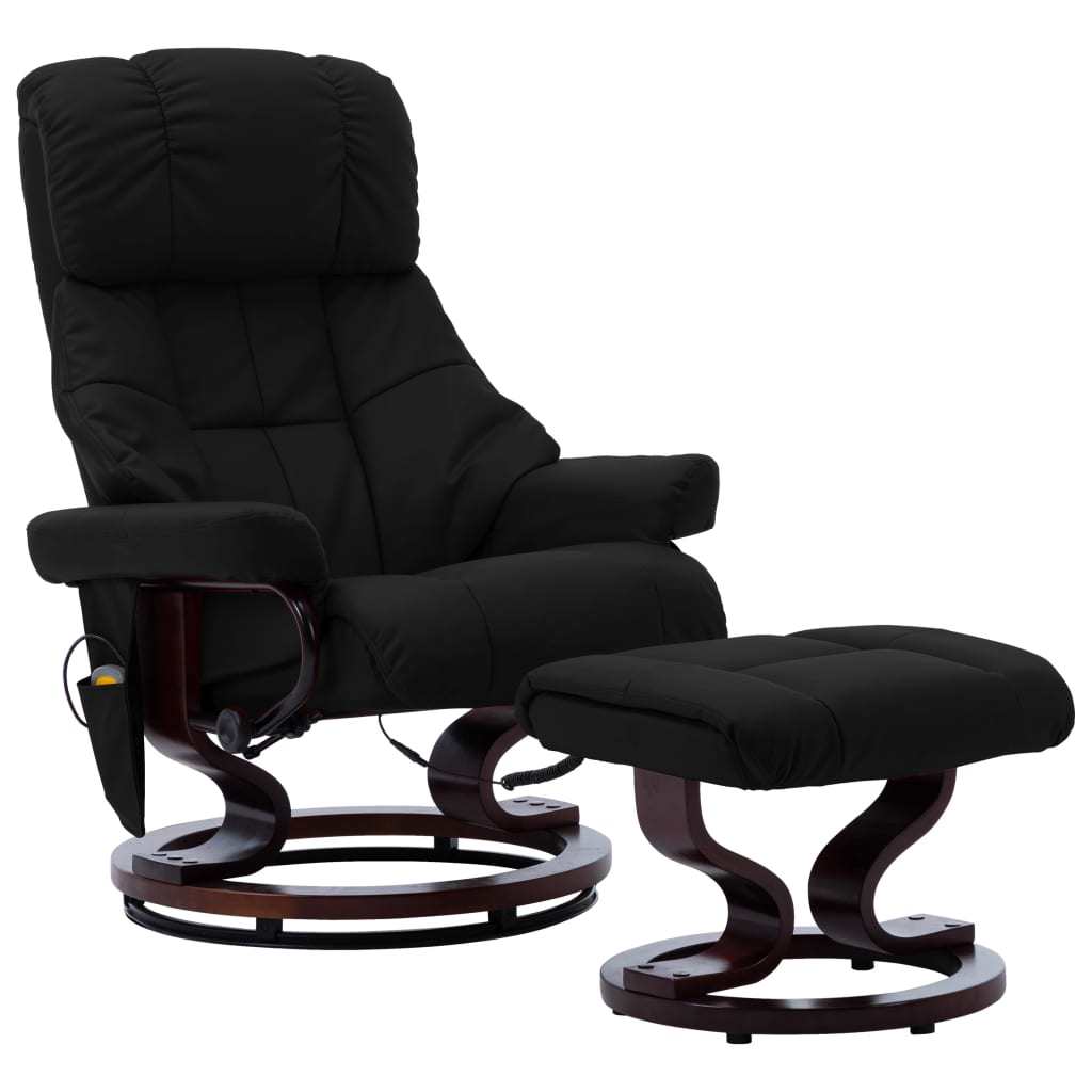 Massage Recliner with Ottoman Black Faux Leather and Bentwood