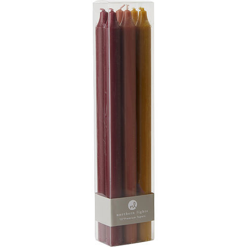 TAPERS AUTUMN HARVEST by Tapers Autumn Harvest SIX TAPERS, EACH 12 INCHES LONG. COLORS ARE BORDEAUX, TERRA COTTA & CARAMEL. TAPERS ARE FRAGRANCE FREE, SMOKELESS & DRIPLESS AND BURN APPROX. 12 HRS