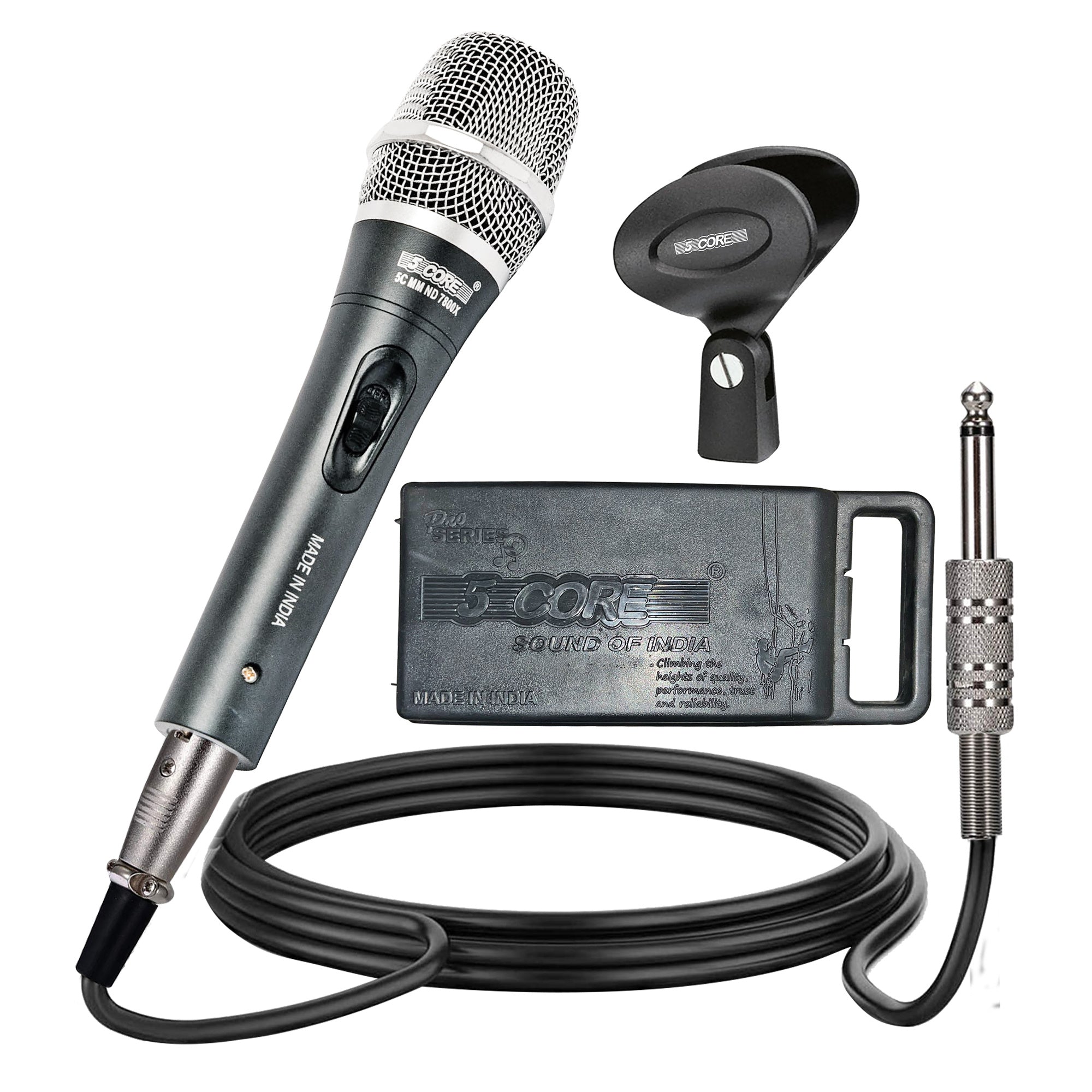 5 Core Professional Dynamic Unidirectional Vocal Microphone with Steel Mesh Grille, Neodymium Cardioid Pickup, XLR Connectivity, 16ft Detachable Cable, Mic Clip, and Case- ND-7800X