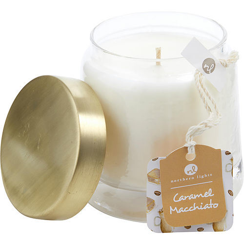 CARAMEL MACCHIATO by SCENTED SOY GLASS CANDLE 10 OZ. COMBINES ESPRESSO BEANS, STEAMED MILK, VANILLA, SALTED CARAMEL MAPLE SYRUP, & WHIPPED SWEET CREAM. BURNS APPROX. 45 HRS.