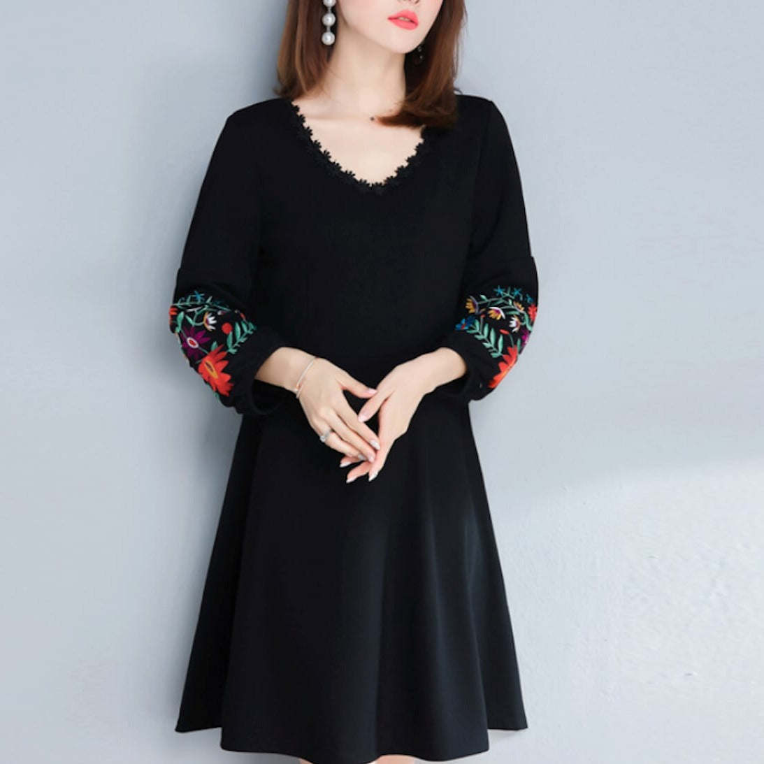 Womens V Neck Dress with Embroidered Sleeves