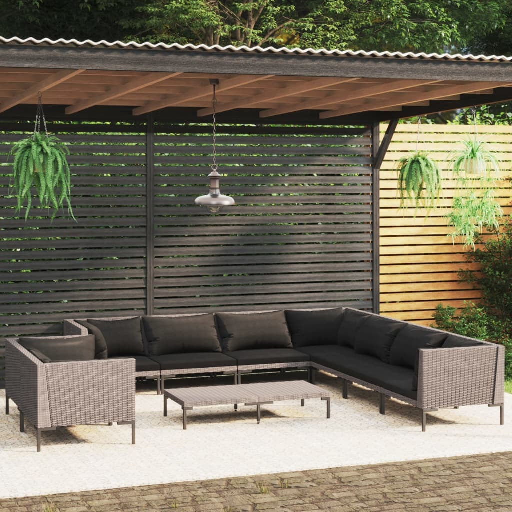 10 Piece Patio Lounge Set with Cushions Poly Rattan Dark Gray