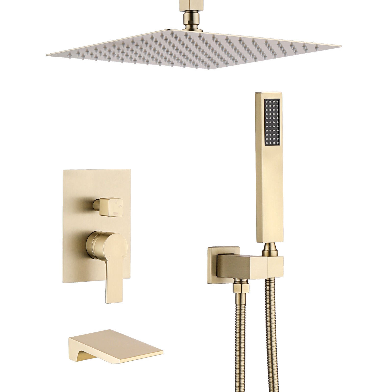 Brushed Gold 12 inches Rain Shower Faucet Sets with Waterfall Tub Spout and Handheld Shower Head