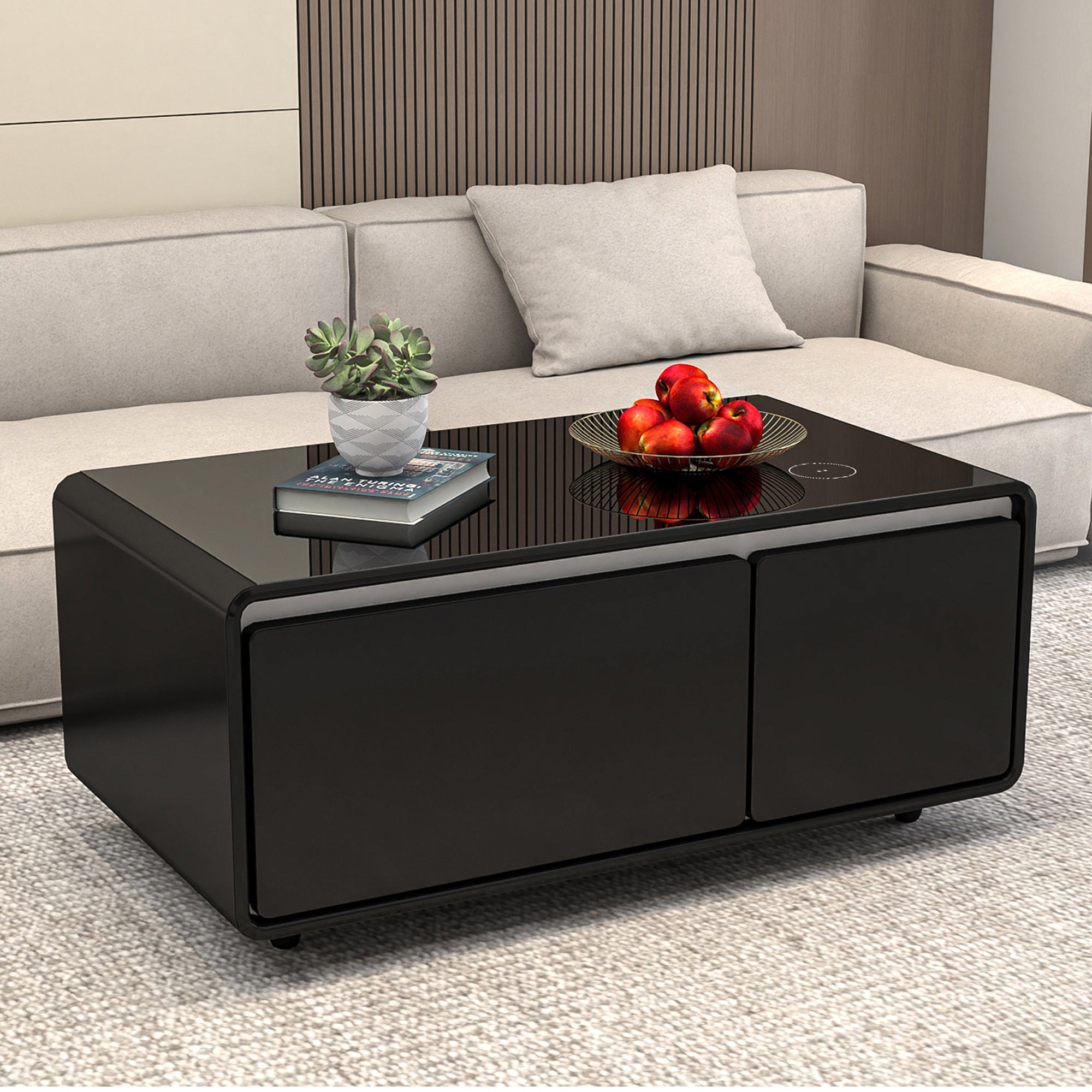 Modern Smart mini Coffee Table with Built in Fridge;  Outlet protection; Wireless charging module; Mechanical temperature control; Power socket; USB interface And power interface.