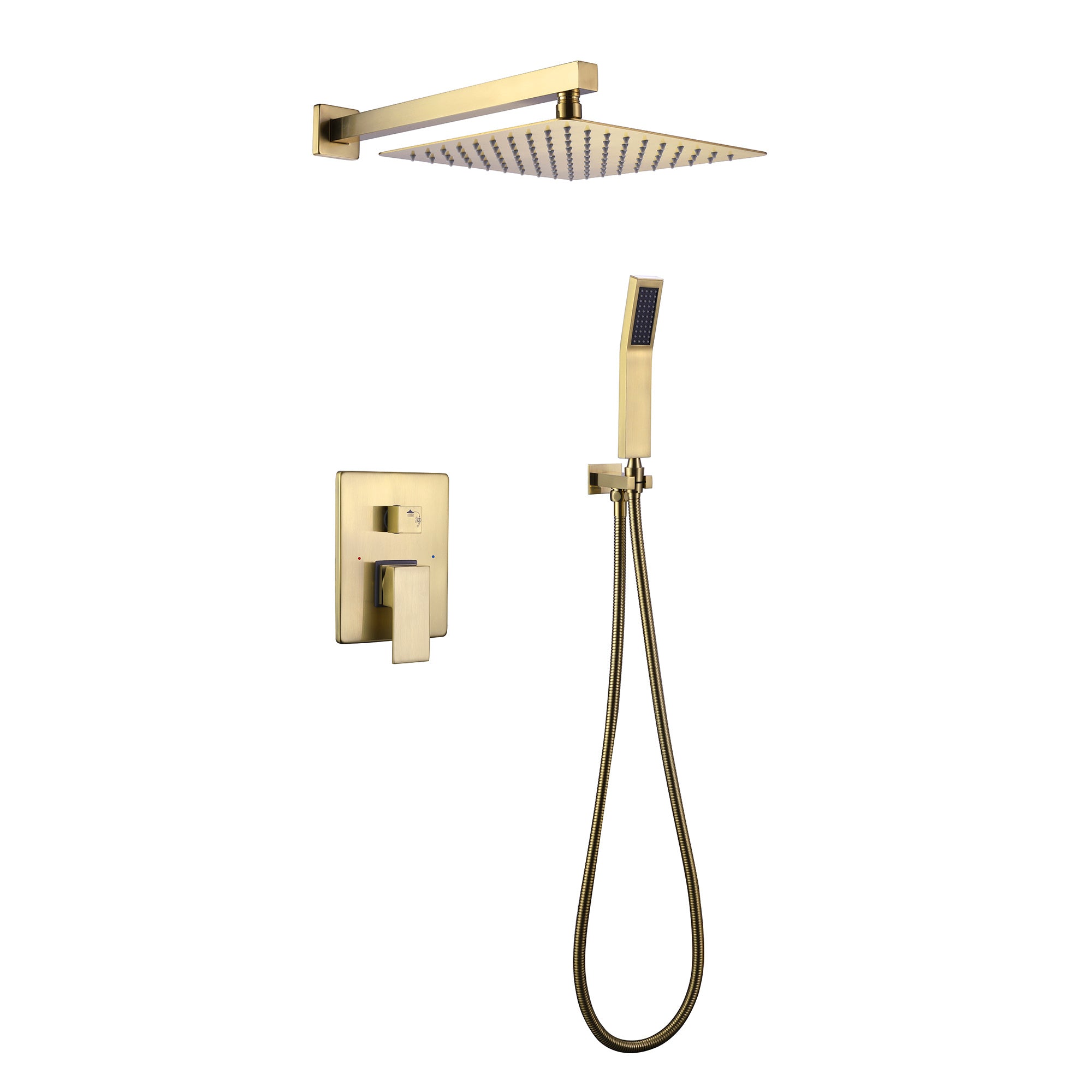 Wall Mounted Rain Shower System with 10 Inch Shower Head and Handheld Bathroom Brushed Gold Shower Set Contain Shower Faucet Mixer and Trim Kit (Valve Included)