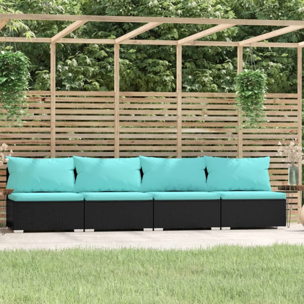 4 Seater Sofa with Cushions Black Poly Rattan