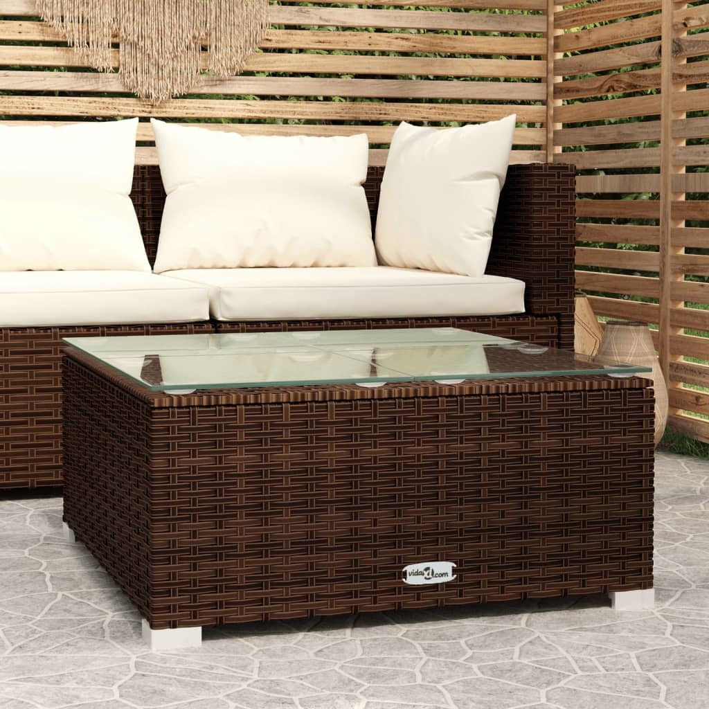 Patio Coffee Table Brown 23.6"x23.6"x11.8" Poly Rattan & Glass