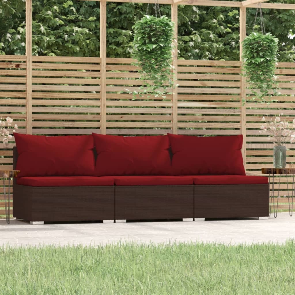 3 Seat Patio Sofa with Cushions Brown Poly Rattan