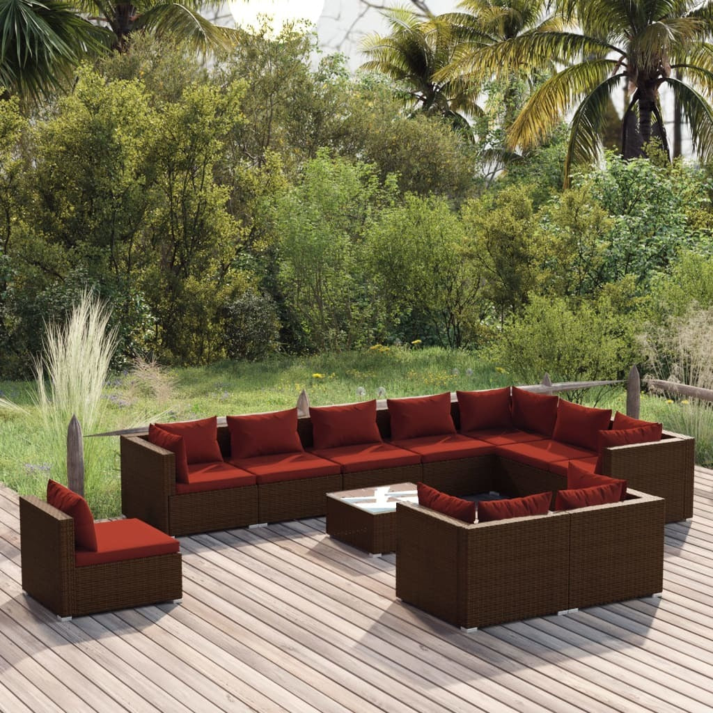 11 Piece Patio Lounge Set with Cushions Poly Rattan Brown