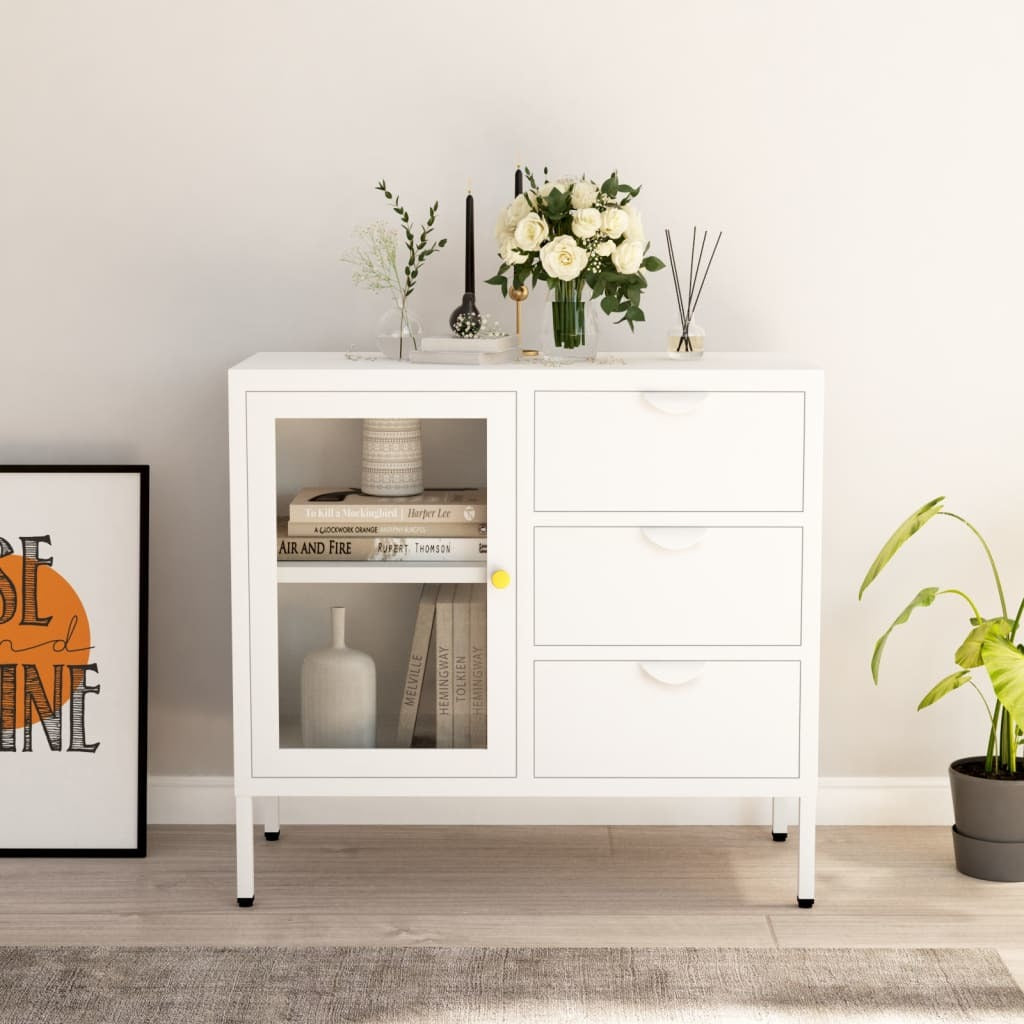 Sideboard White 29.5"x13.8"x27.6" Steel and Tempered Glass