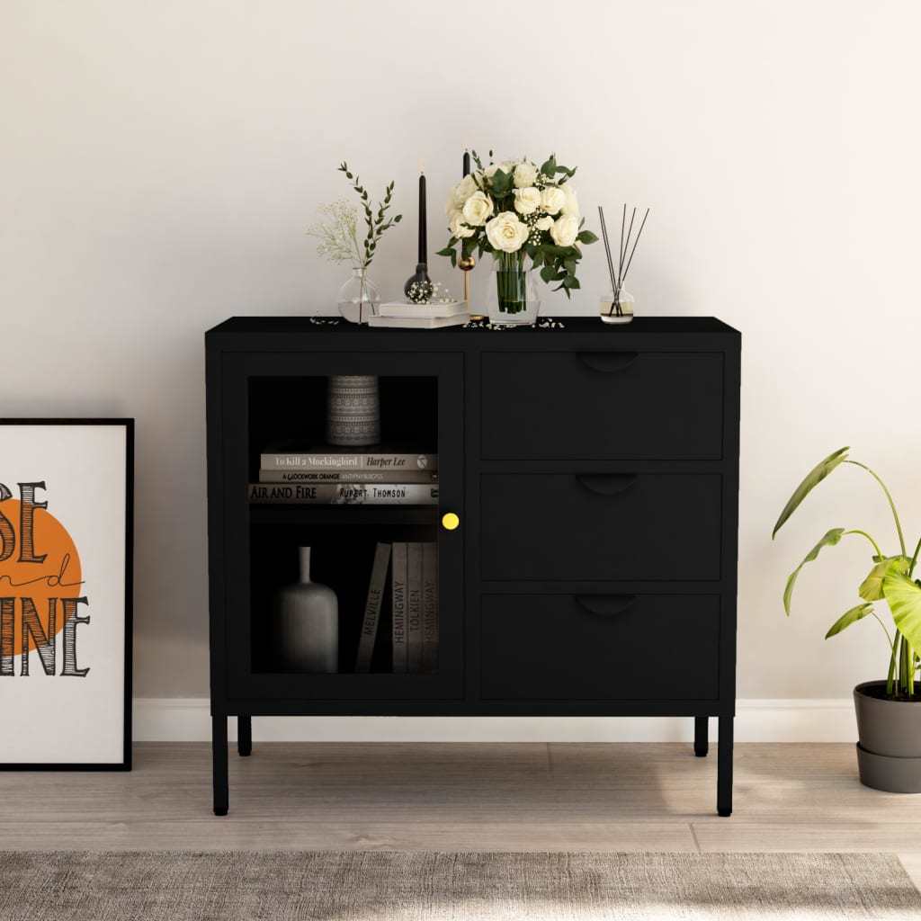 Sideboard Black 29.5"x13.8"x27.6" Steel and Tempered Glass