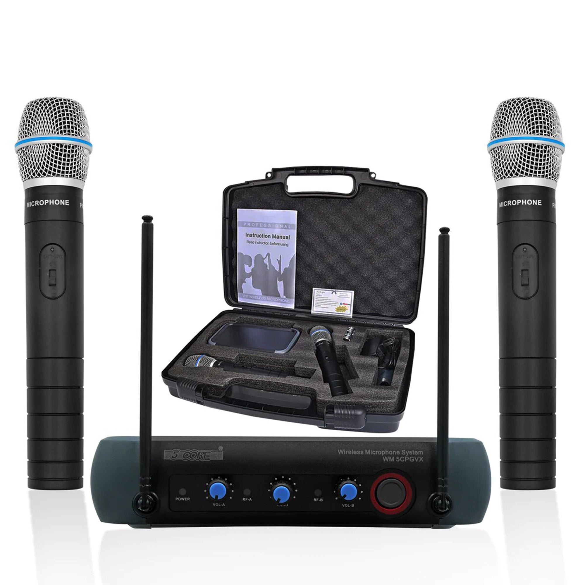 5 Core Professional Wireless Microphone System Dual with Case Easy Portability 200FT Range 2 Handheld Dynamic Cordless Mics for Meeting Conference Singing Home Karaoke DJ Wedding Church WM 5CPGVX