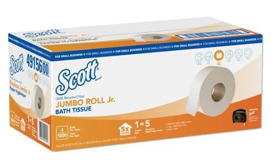 Scott Essential 100% Recycled Fiber JRT Bathroom Tissue, Septic Safe, 2-Ply, White, 1000 ft, 4 Rolls/Carton -KCC49156