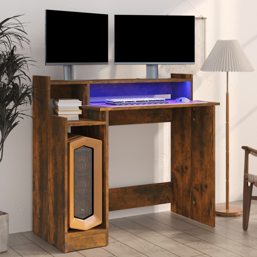 Desk with LED Lights Smoked Oak 38.2"x17.7"x35.4" Engineered Wood