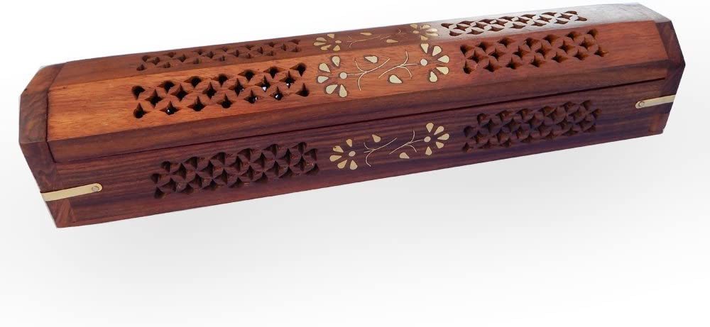 WILLART Wooden Hand Carved Coffin Incense Burner Brass Inlays & Storage Incense Holder; Incense Stick Stand; Stick Holder; Incense Burners | Handmade | Ash Catcher (12 x 2 x 2 Inches)