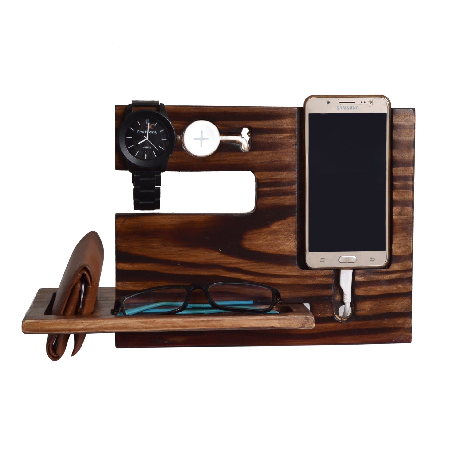 WILLART Wood Phone Docking Station| Ash Desk Organizer| Tablet Holder| Key Hooks| Coin Wallet Watch Stand Handmade |Pine Wood Antique Finish