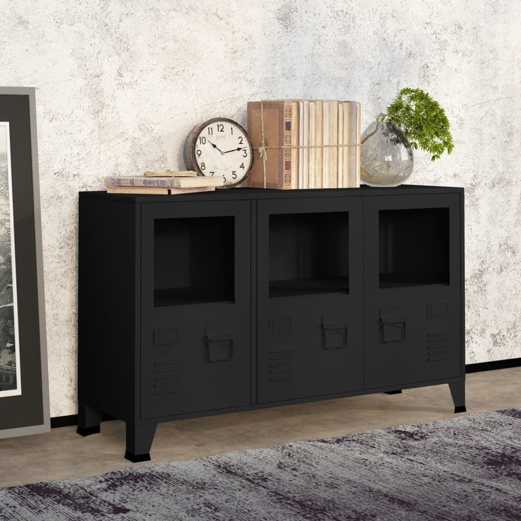 Industrial Sideboard Black 41.3"x13.8"x24.4" Metal and Glass