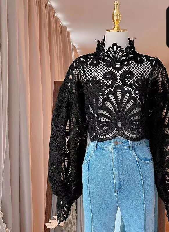 Solid Lady Stand Collar Long Puffy Sleeve Fit Shirt