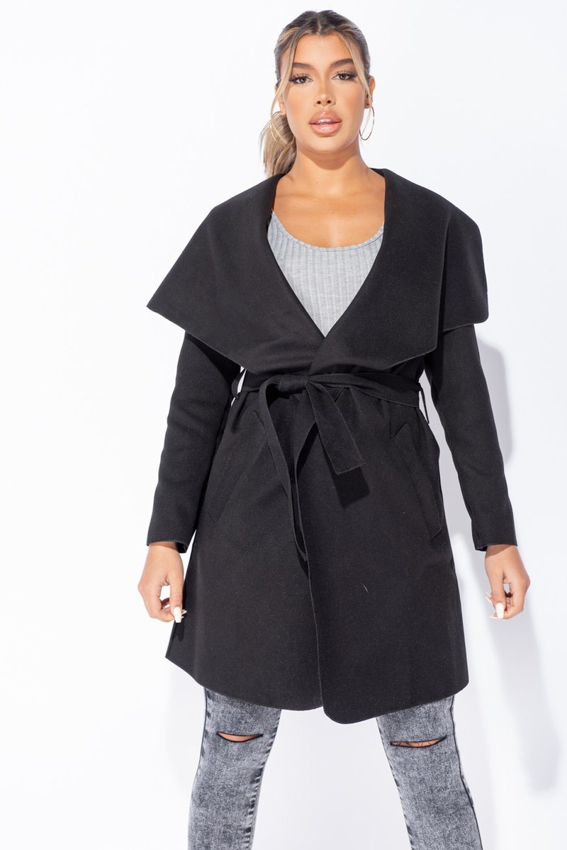 MID LENGTH OVERSIZED BELTED WATERFALL COAT