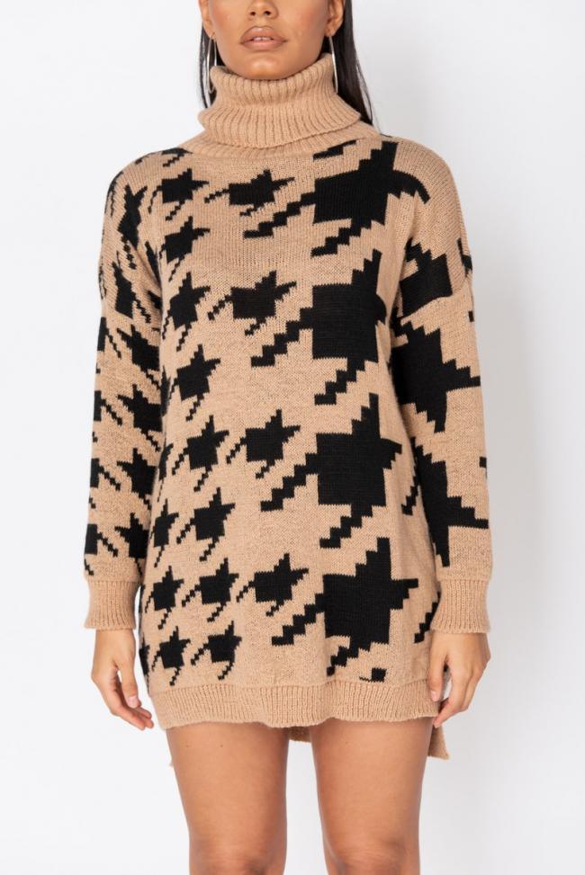Houndstooth Check Roll Neck Jumper Dress