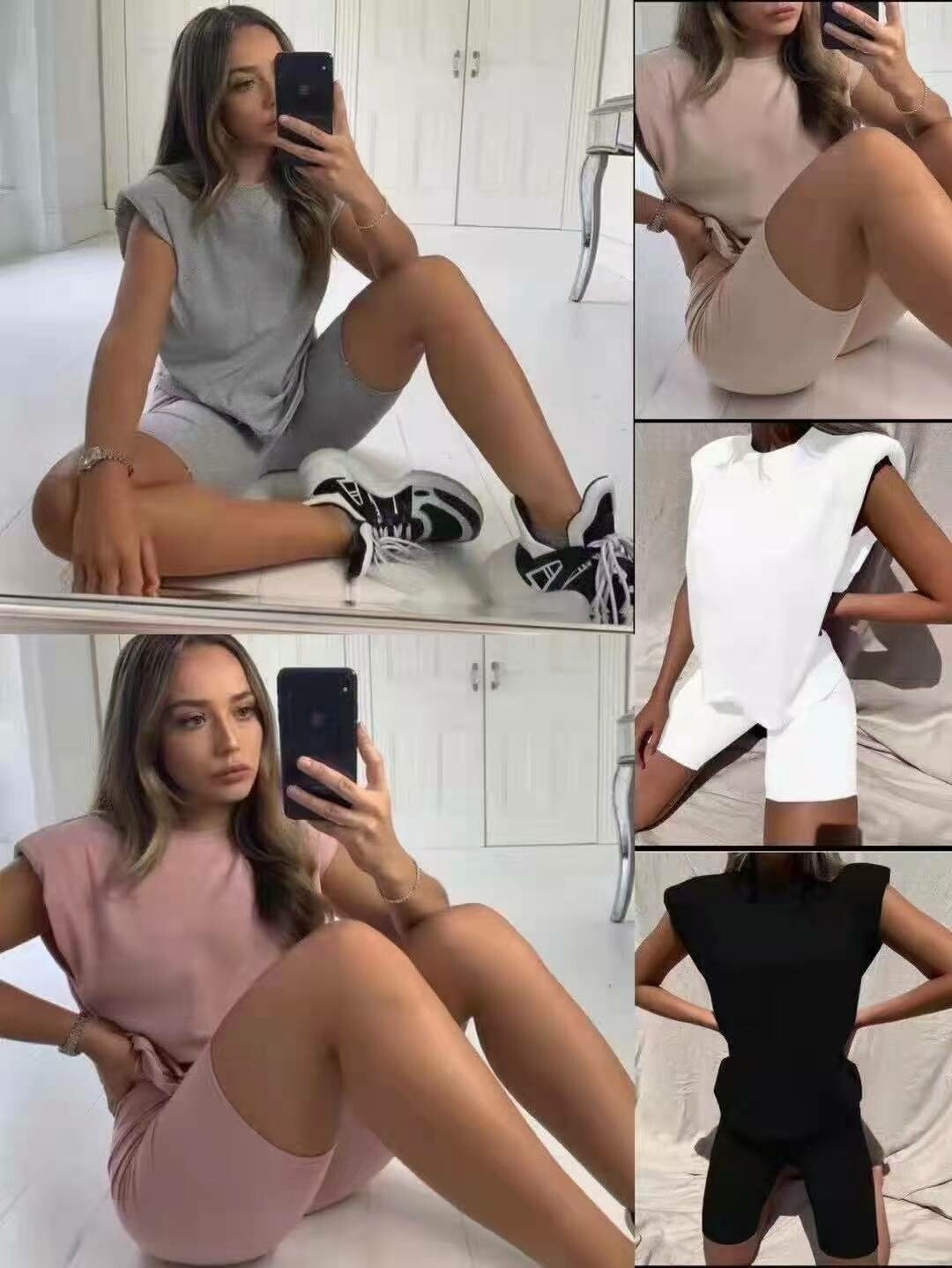 Oversized Padded V Neck Short Sleeve T-shirt & Bike Shorts Set