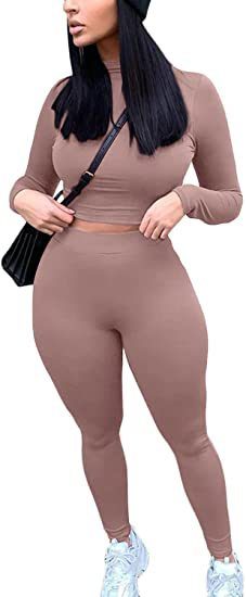 2 Piece Outfits Sexy Bodycon Long Sleeve Crop Top with Long Pants Tracksuit Set