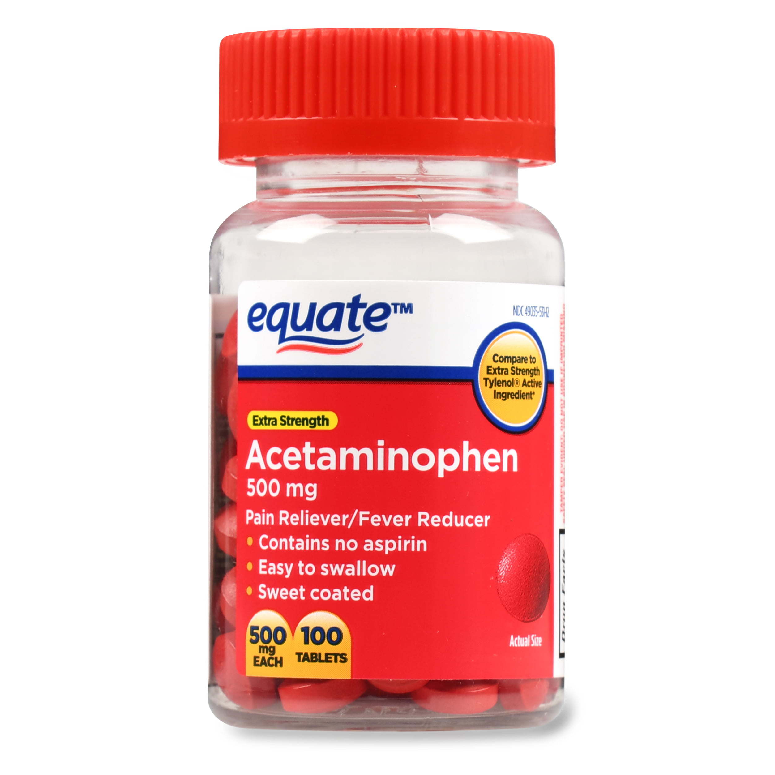 Equate Extra Strength Acetaminophen Red Sweet Coated Tablets;  500 mg 100 Count
